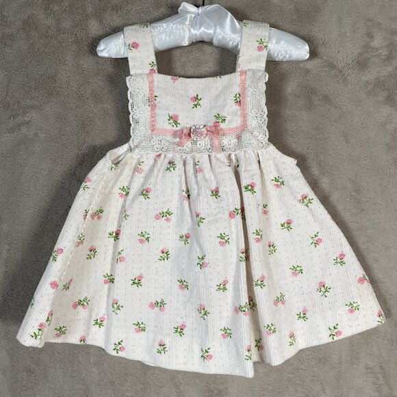 Vintage Tiny Tots Baby Girl Dress 6-12M White Corduroy Dainty Pink Flowers Lace - Picture 2 of 9